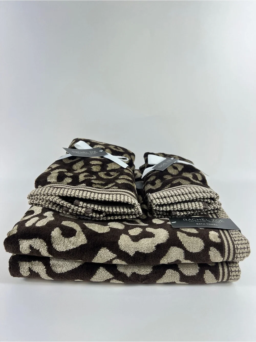 Rachel Zoe Bath Towel Set Leopard Animal Print Brown Tan Velour Cotton 6 Pc NEW